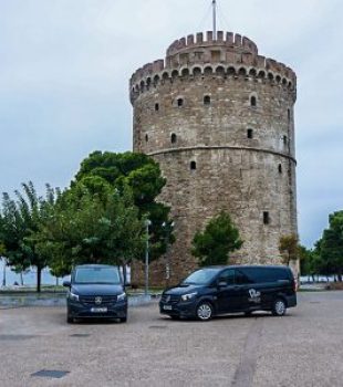 image of a van outside white tower in Thessaloniki